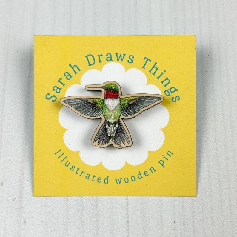 RUBY-THROATED HUMMINGBIRD ILLUSTRATED WOODEN PIN