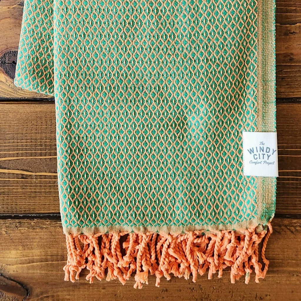 FALL HOMEMADE TURKISH BLANKET - GREEN/ORANGE DOTS