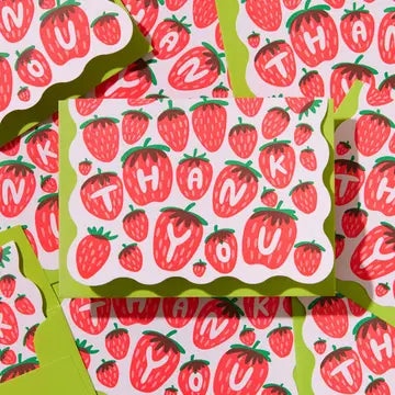 STRAWBERRY LETTERPRESS SCALLOPED THANK YOU CARD SET (10)